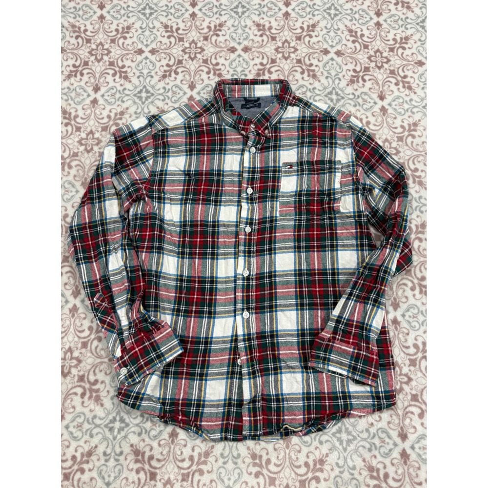 Tommy Hilfiger Boys XL 20 Plaid Flannel Button Down Shirt Red Green Long Sleeve